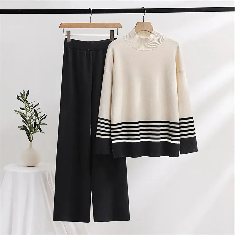 Stripes & Solid Knit Matching Set - Knitted Two Piece Set Outfit