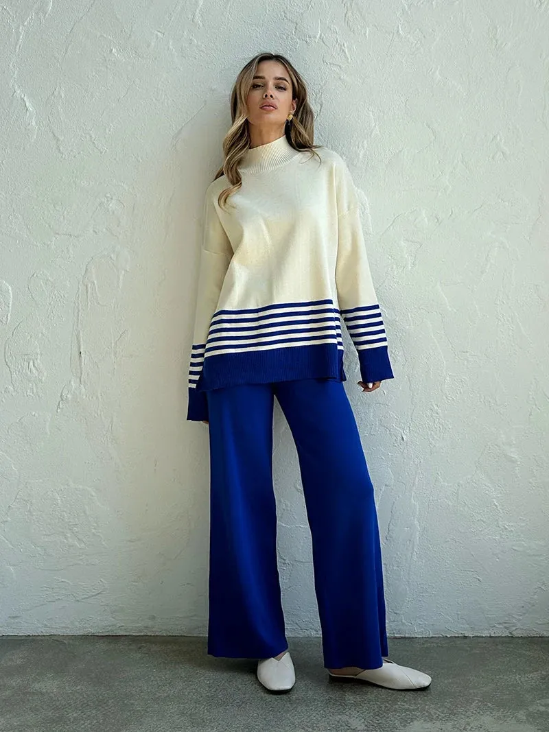 Stripes & Solid Knit Matching Set - Knitted Two Piece Set Outfit