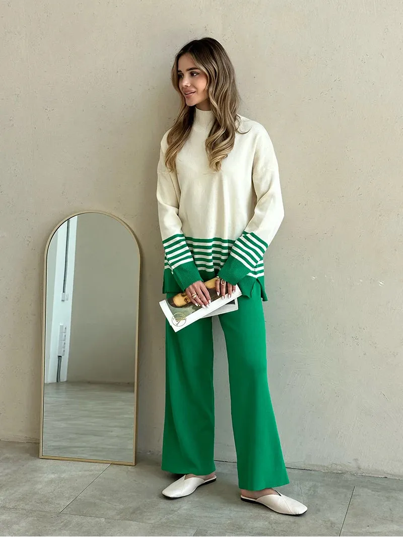 Stripes & Solid Knit Matching Set - Knitted Two Piece Set Outfit