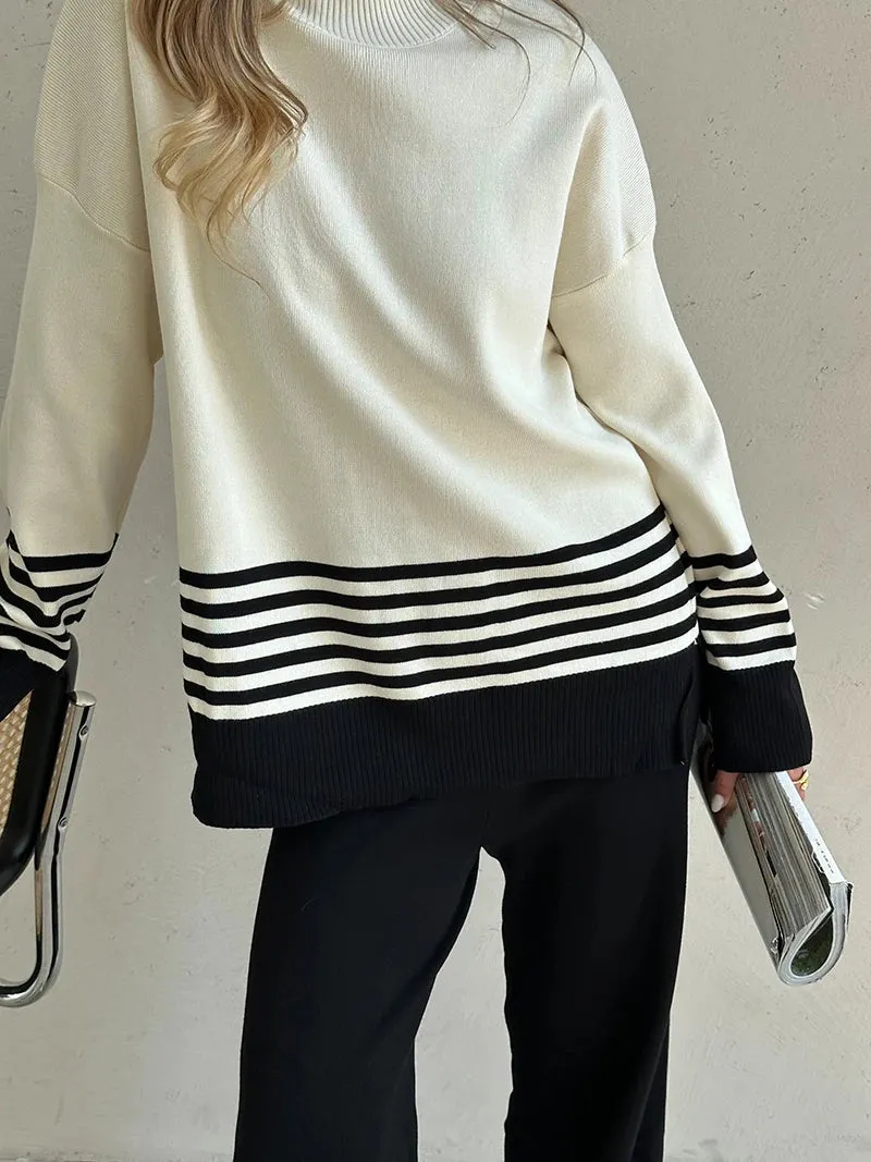 Stripes & Solid Knit Matching Set - Knitted Two Piece Set Outfit