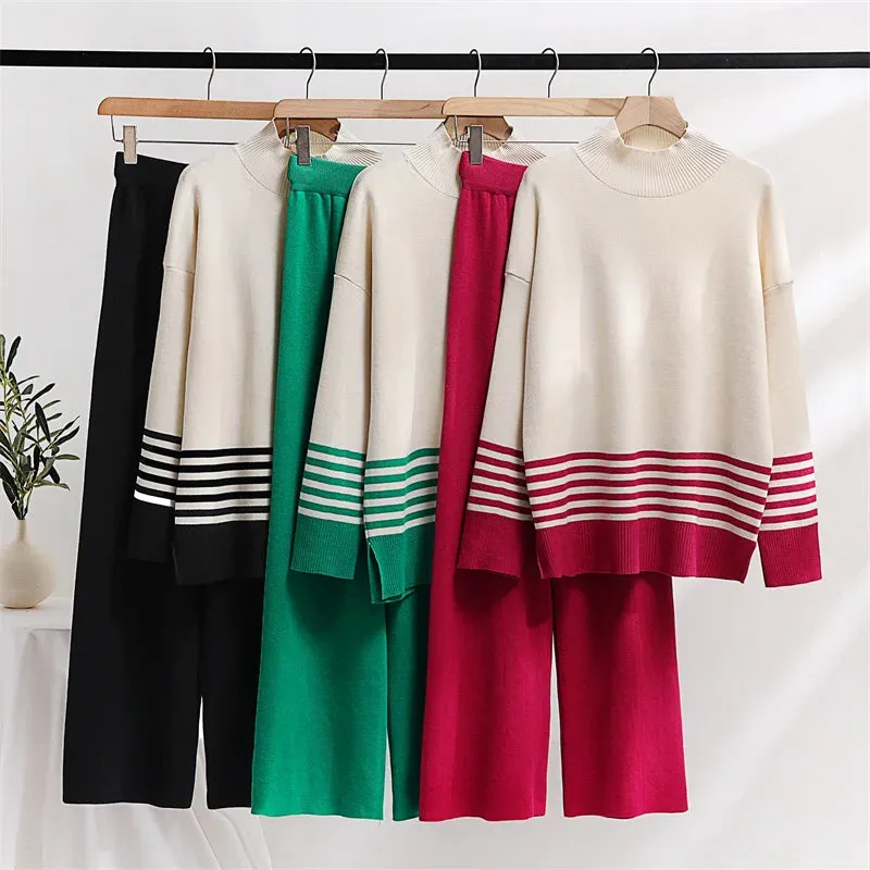Stripes & Solid Knit Matching Set - Knitted Two Piece Set Outfit