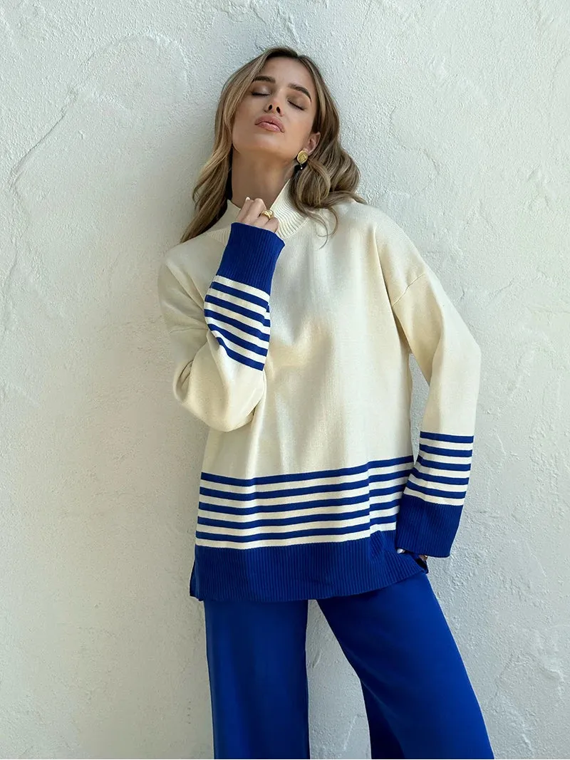 Stripes & Solid Knit Matching Set - Knitted Two Piece Set Outfit
