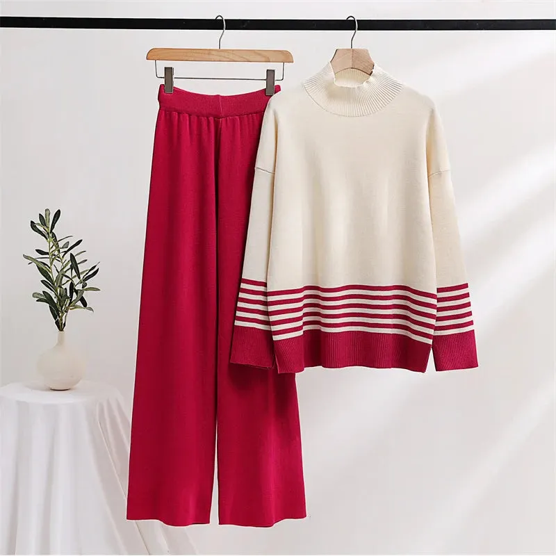 Stripes & Solid Knit Matching Set - Knitted Two Piece Set Outfit