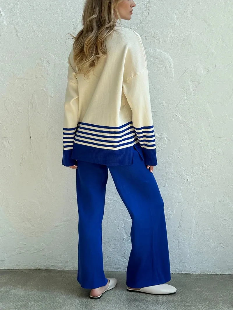 Stripes & Solid Knit Matching Set - Knitted Two Piece Set Outfit