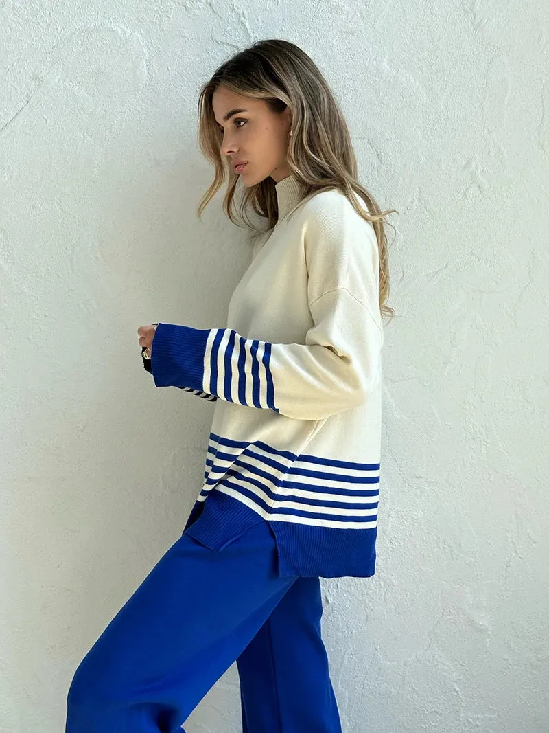Stripes & Solid Knit Matching Set - Knitted Two Piece Set Outfit
