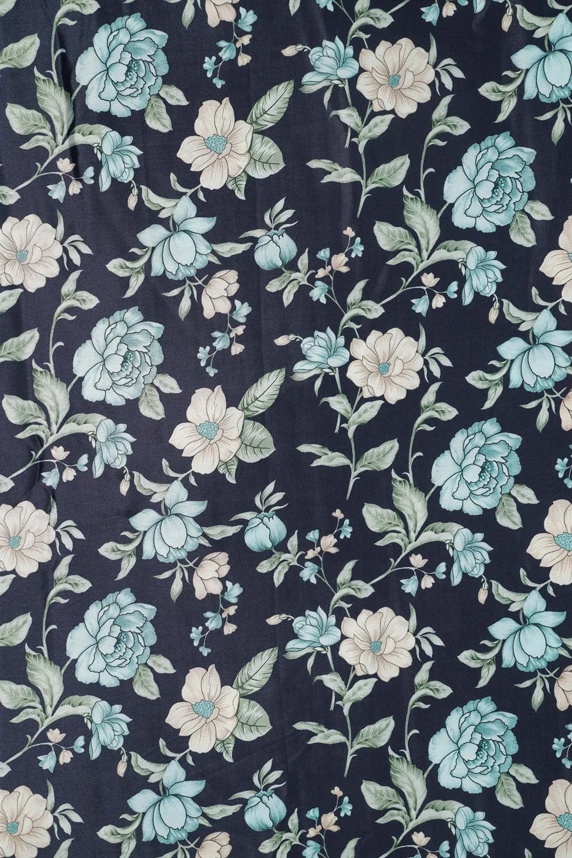 Teal And Light Beige Floral Pattern Digital Print On Dark Navy Blue Crepe Fabric