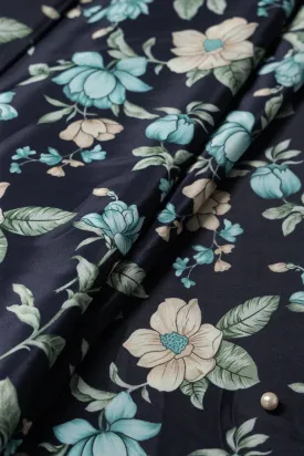 Teal And Light Beige Floral Pattern Digital Print On Dark Navy Blue Crepe Fabric