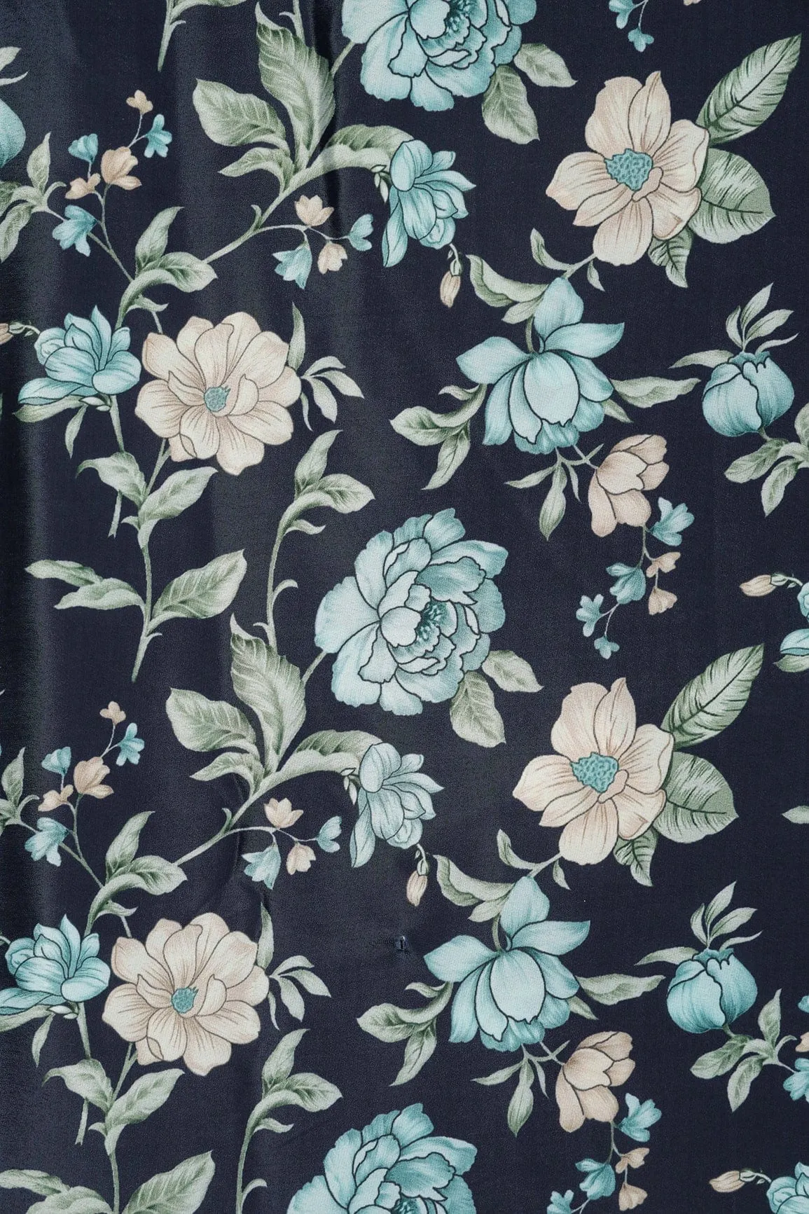 Teal And Light Beige Floral Pattern Digital Print On Dark Navy Blue Crepe Fabric