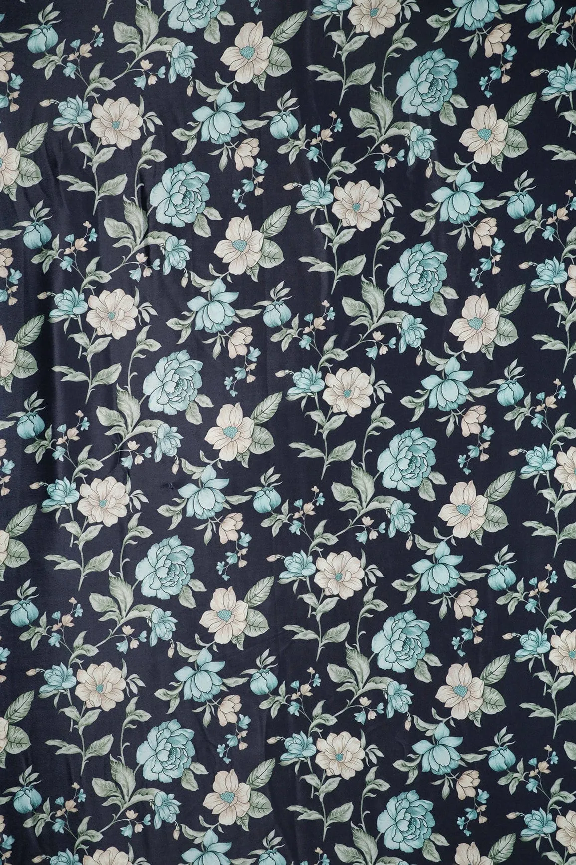 Teal And Light Beige Floral Pattern Digital Print On Dark Navy Blue Crepe Fabric