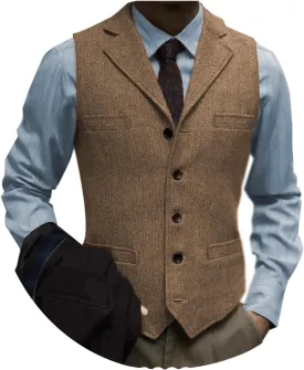 Tuikayoo Men's Tweed Suit Vintage Vest Herringbone Wool Prom Waistcoat Groomsmen