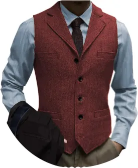 Tuikayoo Men's Tweed Suit Vintage Vest Herringbone Wool Prom Waistcoat Groomsmen