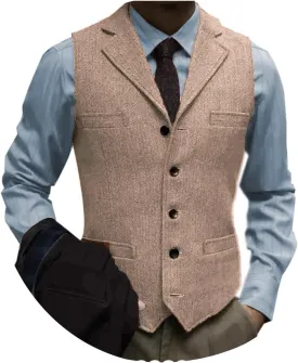 Tuikayoo Men's Tweed Suit Vintage Vest Herringbone Wool Prom Waistcoat Groomsmen