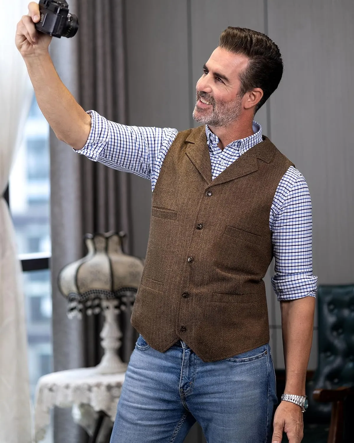 Tuikayoo Men's Tweed Suit Vintage Vest Herringbone Wool Prom Waistcoat Groomsmen