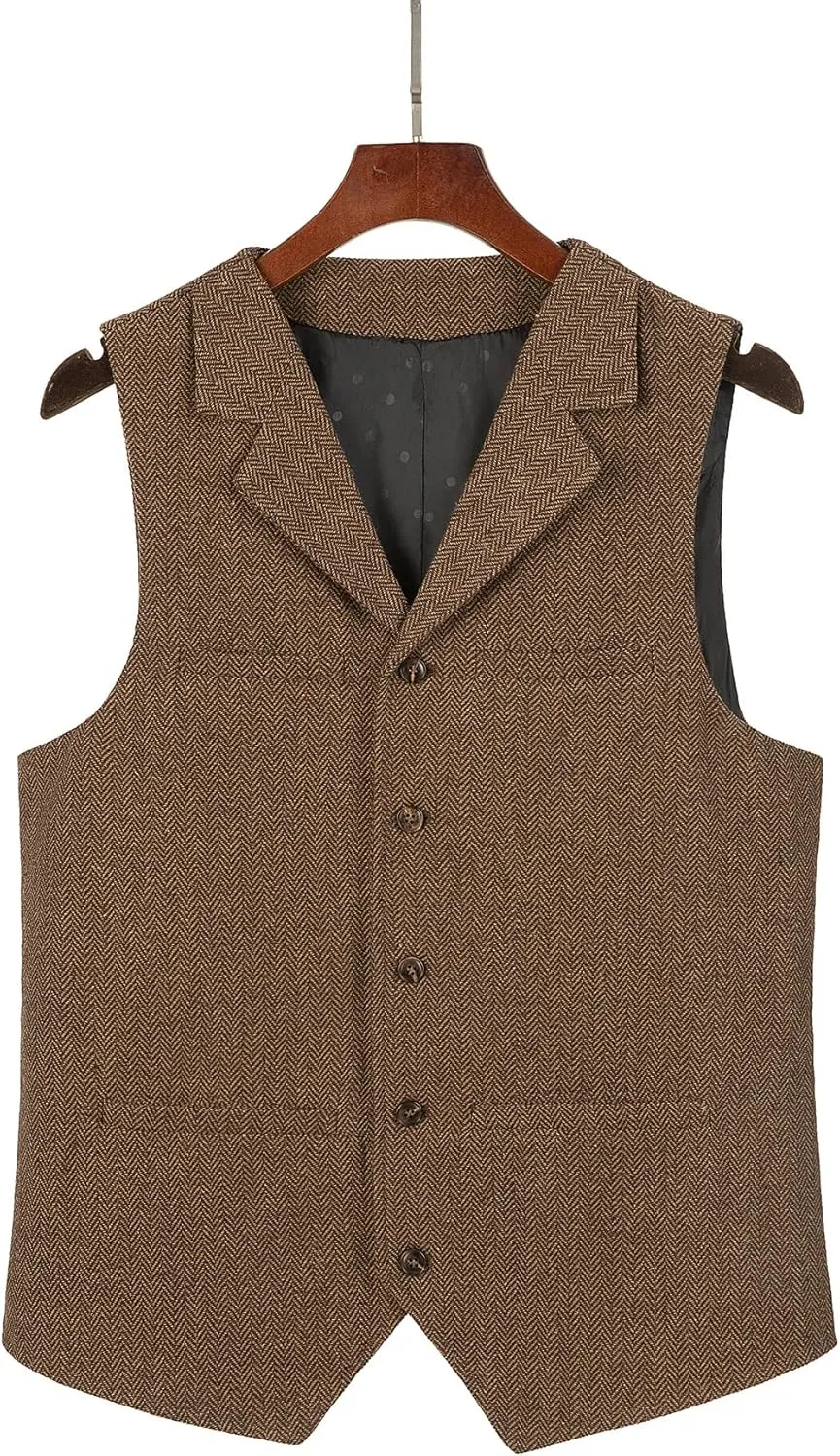 Tuikayoo Men's Tweed Suit Vintage Vest Herringbone Wool Prom Waistcoat Groomsmen