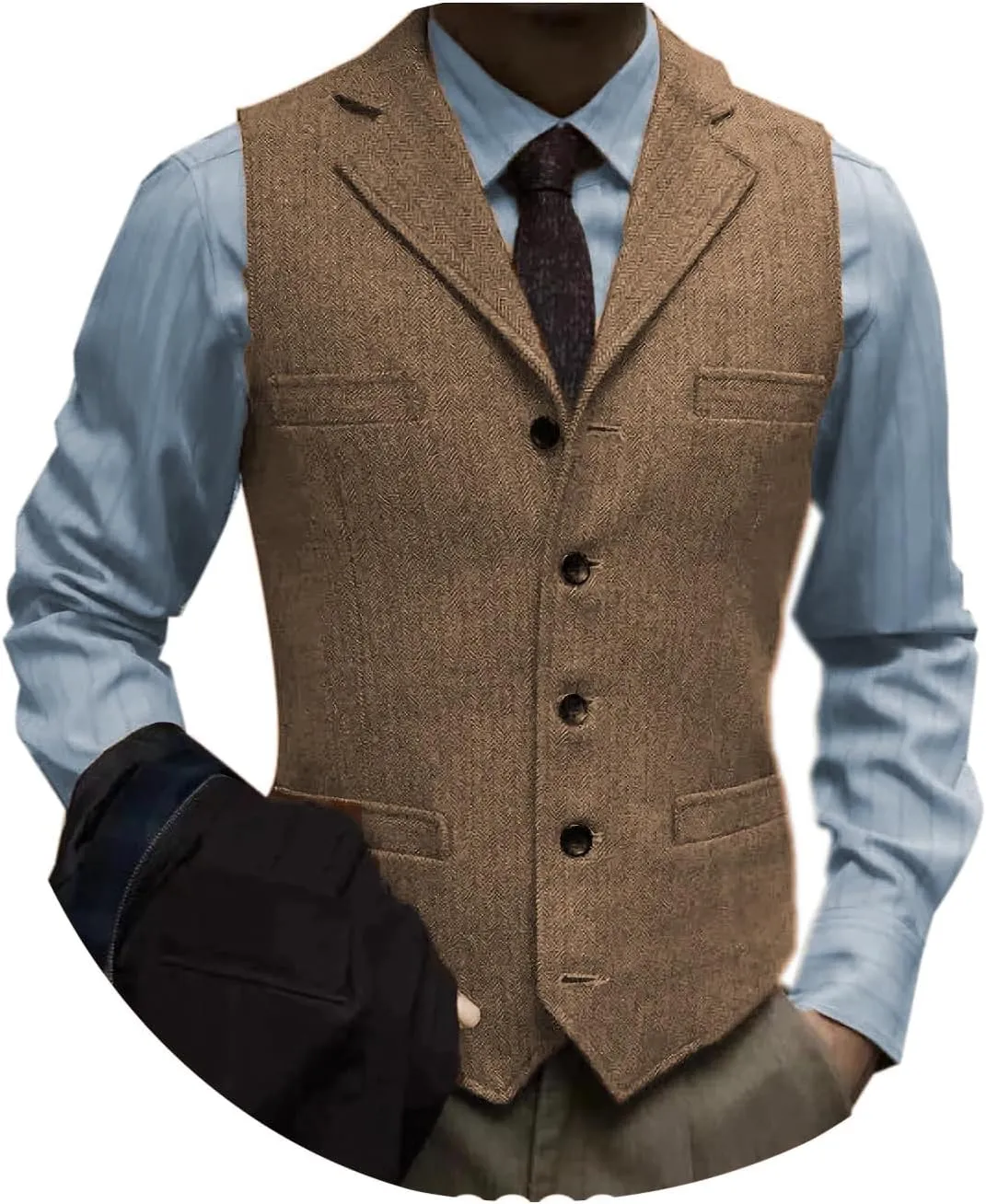Tuikayoo Men's Tweed Suit Vintage Vest Herringbone Wool Prom Waistcoat Groomsmen