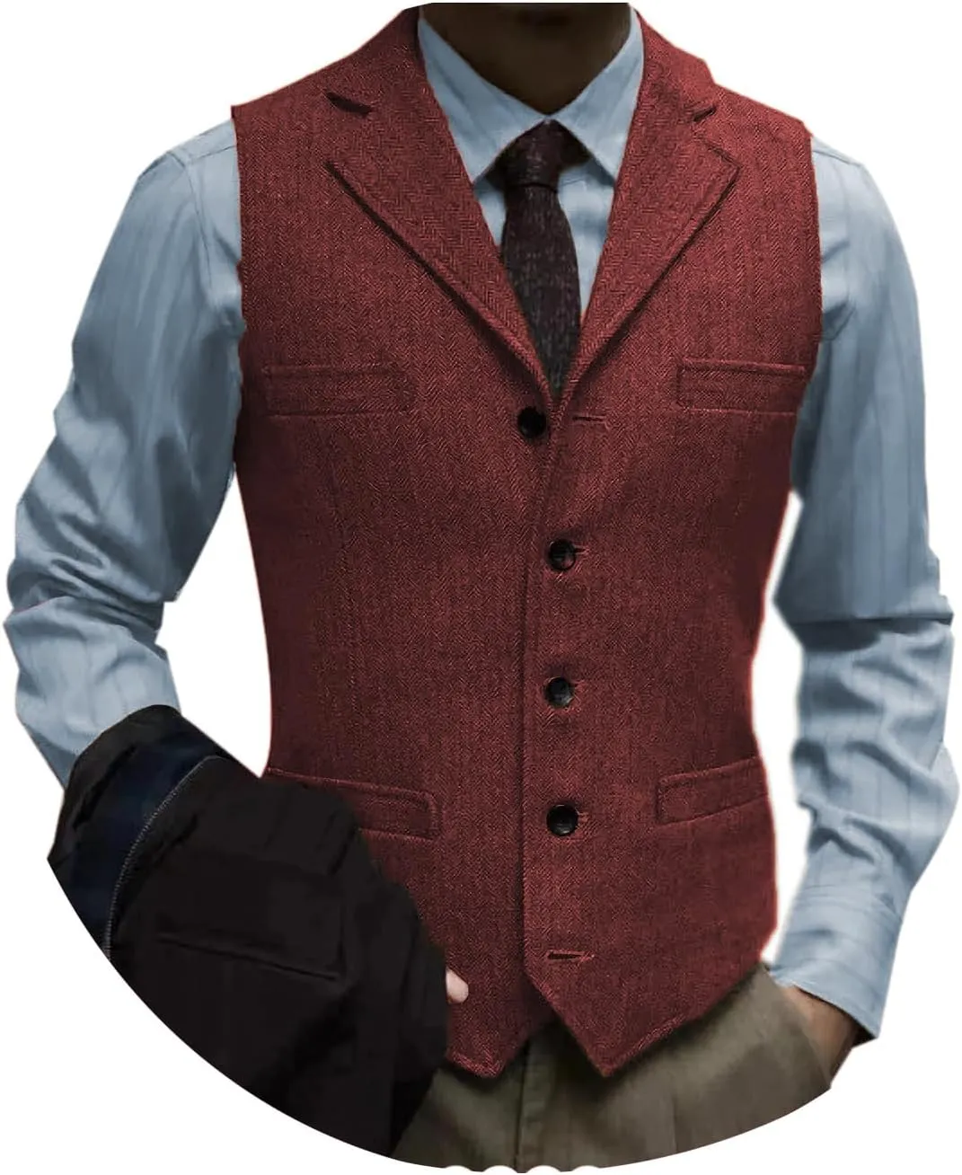 Tuikayoo Men's Tweed Suit Vintage Vest Herringbone Wool Prom Waistcoat Groomsmen