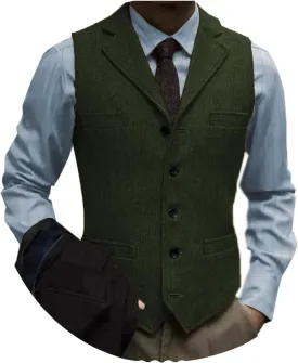 Tuikayoo Men's Tweed Suit Vintage Vest Herringbone Wool Prom Waistcoat Groomsmen