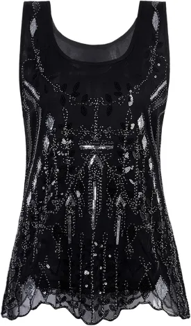 Vijiv Womens 1920s Vintage Beaded Tops Art Deco Sleeveless Embellished Sparkly Sequin Vest Tank Top