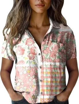 Vintage Boho Tops for Women Floral Print Shirt Casual Short Sleeve Button Down Blouses Dressy T-Shirts with Pocket