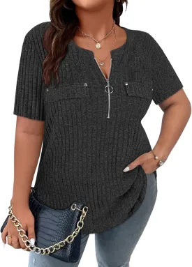 Viracy Plus Size Womens Tops 1/4 Zip Up Casual Shirts Lightweight Short Sleeve Tunics