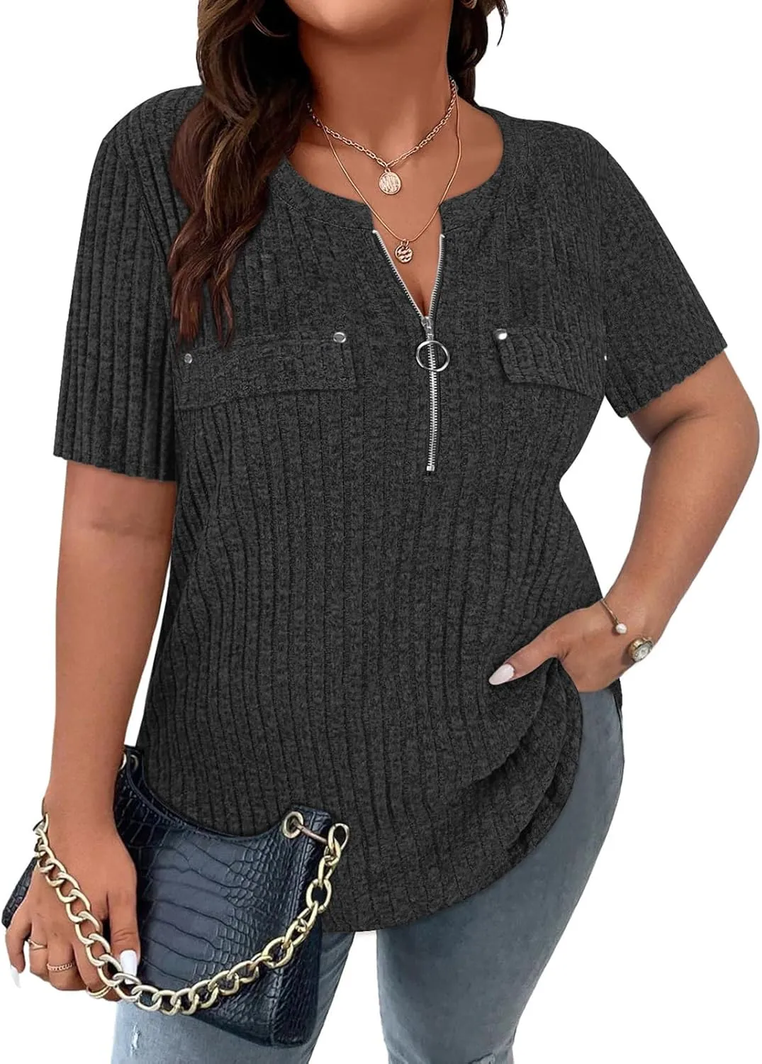 Viracy Plus Size Womens Tops 1/4 Zip Up Casual Shirts Lightweight Short Sleeve Tunics