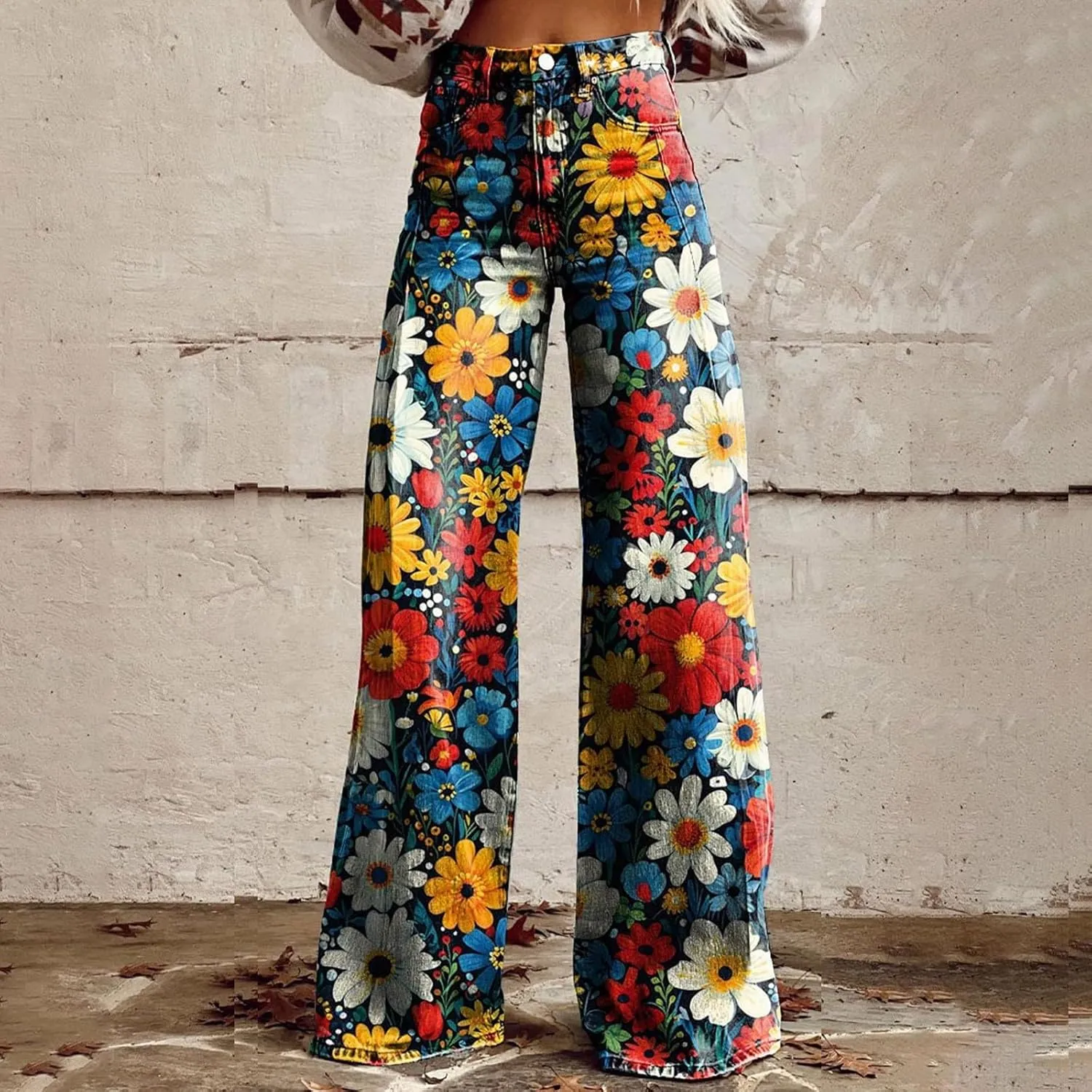 Wide Leg Flare Jeans for Women with Pockets Baggy Pants Vintage Floral Print High Waisted Loose Pant
