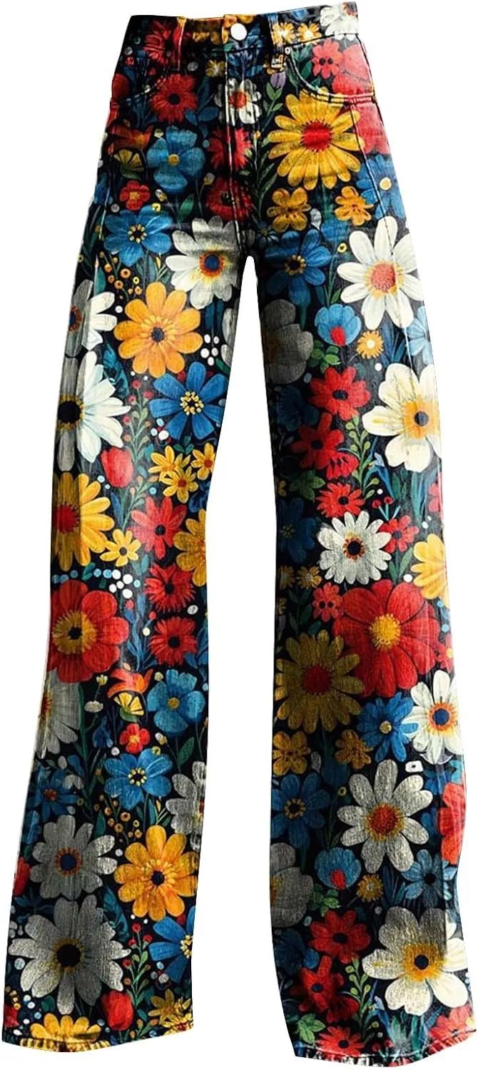 Wide Leg Flare Jeans for Women with Pockets Baggy Pants Vintage Floral Print High Waisted Loose Pant