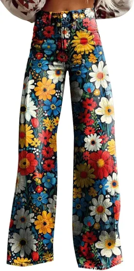 Wide Leg Flare Jeans for Women with Pockets Baggy Pants Vintage Floral Print High Waisted Loose Pant