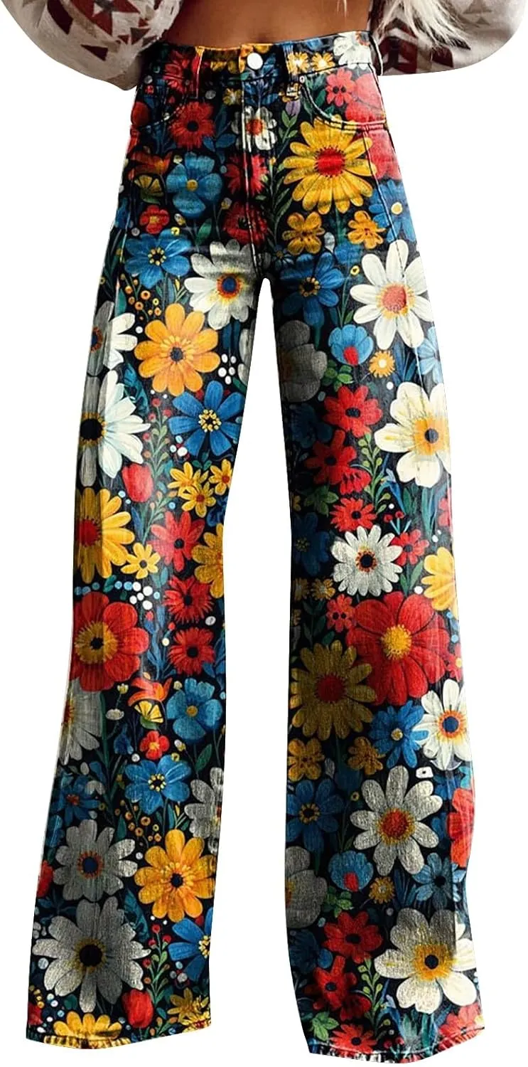 Wide Leg Flare Jeans for Women with Pockets Baggy Pants Vintage Floral Print High Waisted Loose Pant