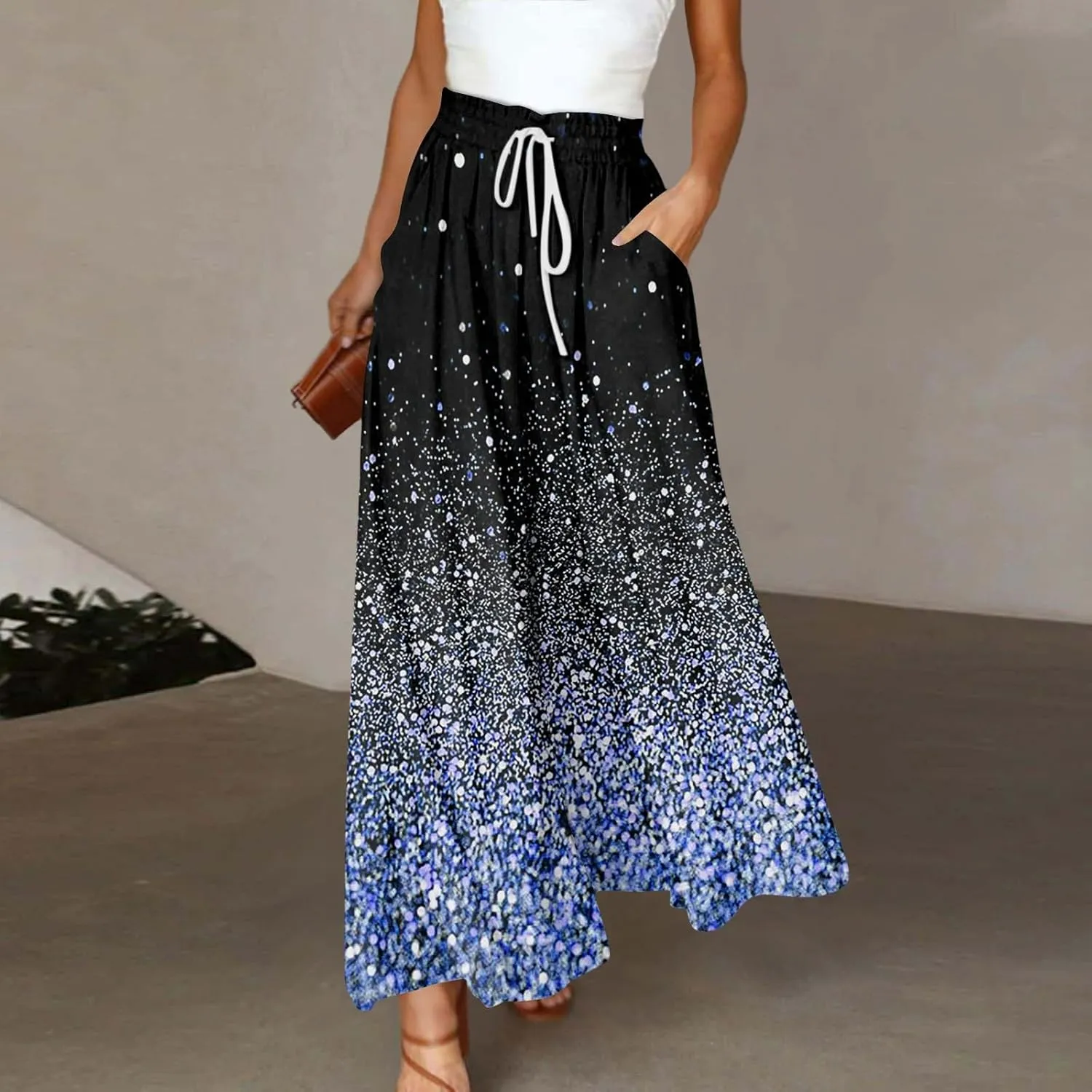 Wide Leg Pants Woman Summer 2025 Flowy High Waisted Trousers Baggy Drawstring Beach Pant with Pockets