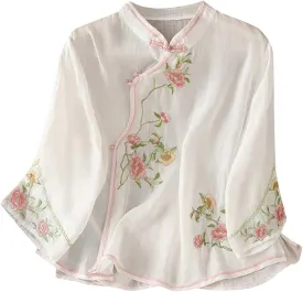 Women Cotton Linen Shirt Summer Floral Embroidered Blouse Retro Chinese Frog Button Traditional Mandarin Collar Tops