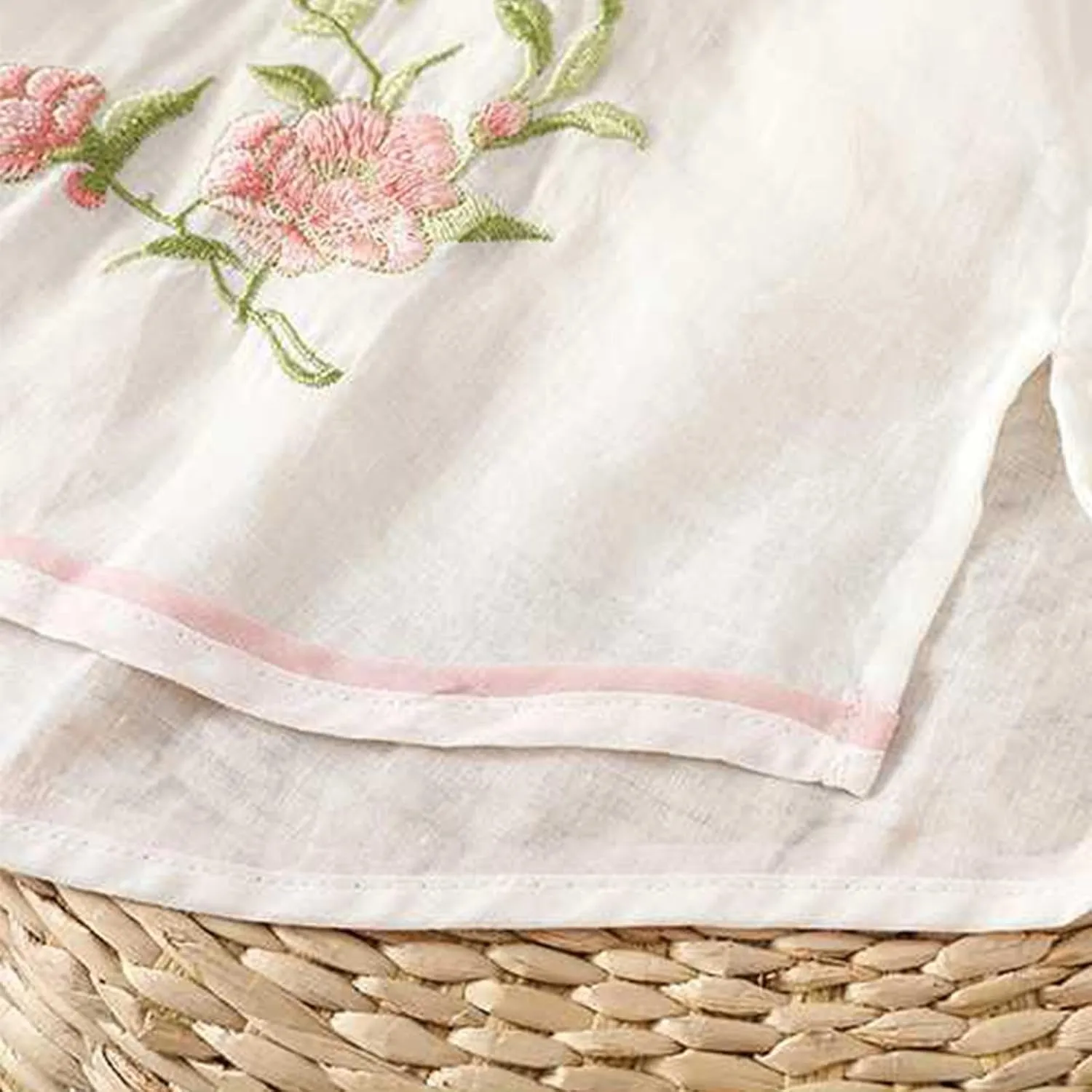 Women Cotton Linen Shirt Summer Floral Embroidered Blouse Retro Chinese Frog Button Traditional Mandarin Collar Tops