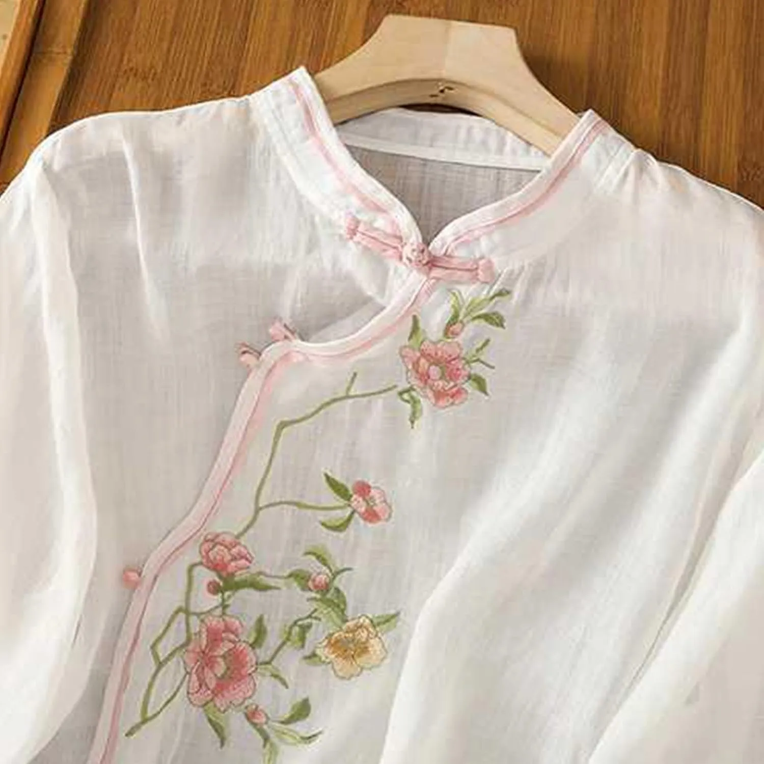 Women Cotton Linen Shirt Summer Floral Embroidered Blouse Retro Chinese Frog Button Traditional Mandarin Collar Tops