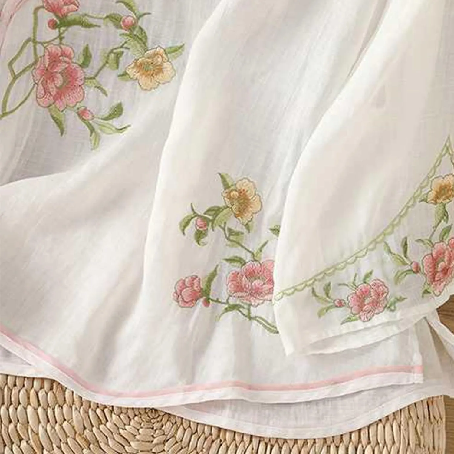 Women Cotton Linen Shirt Summer Floral Embroidered Blouse Retro Chinese Frog Button Traditional Mandarin Collar Tops