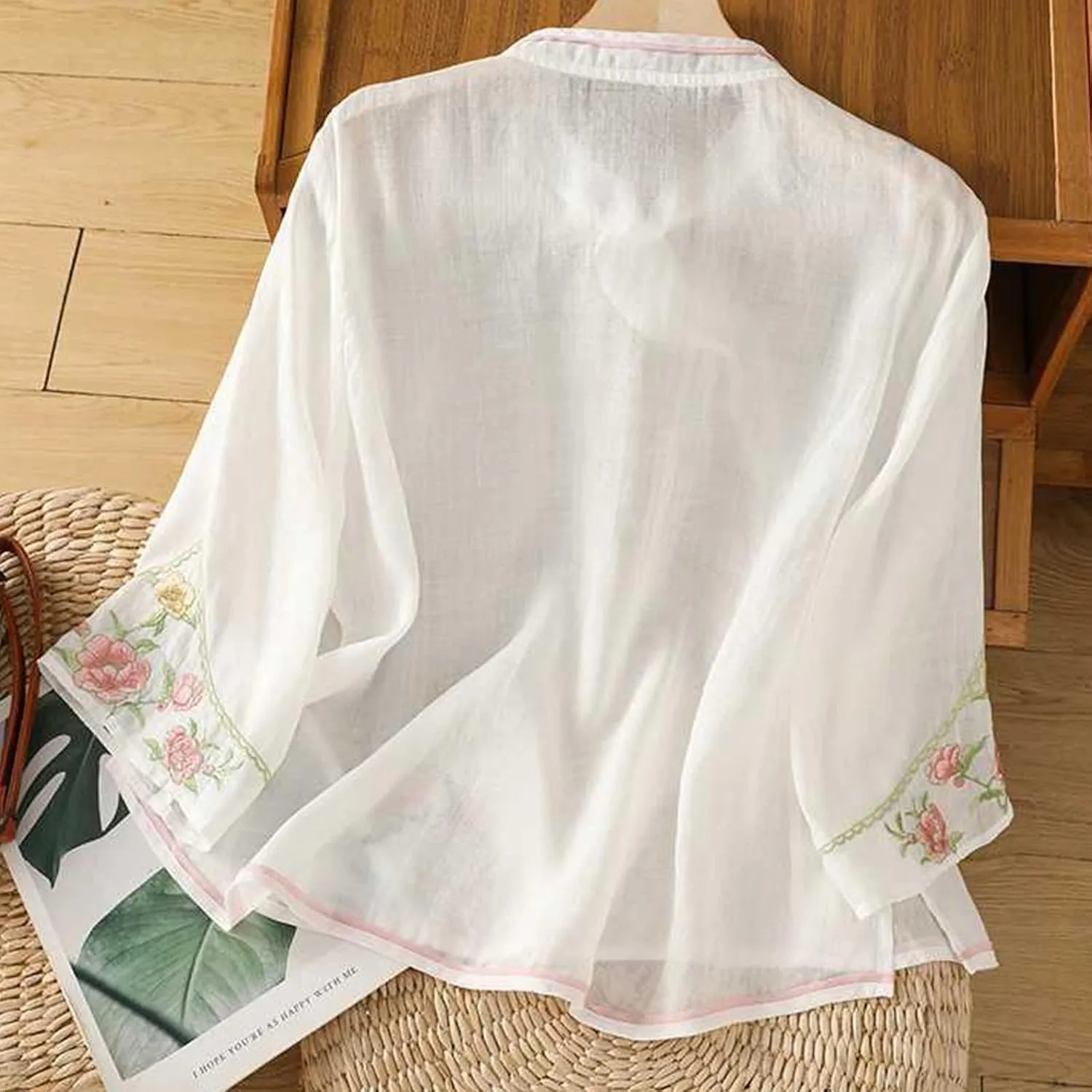 Women Cotton Linen Shirt Summer Floral Embroidered Blouse Retro Chinese Frog Button Traditional Mandarin Collar Tops