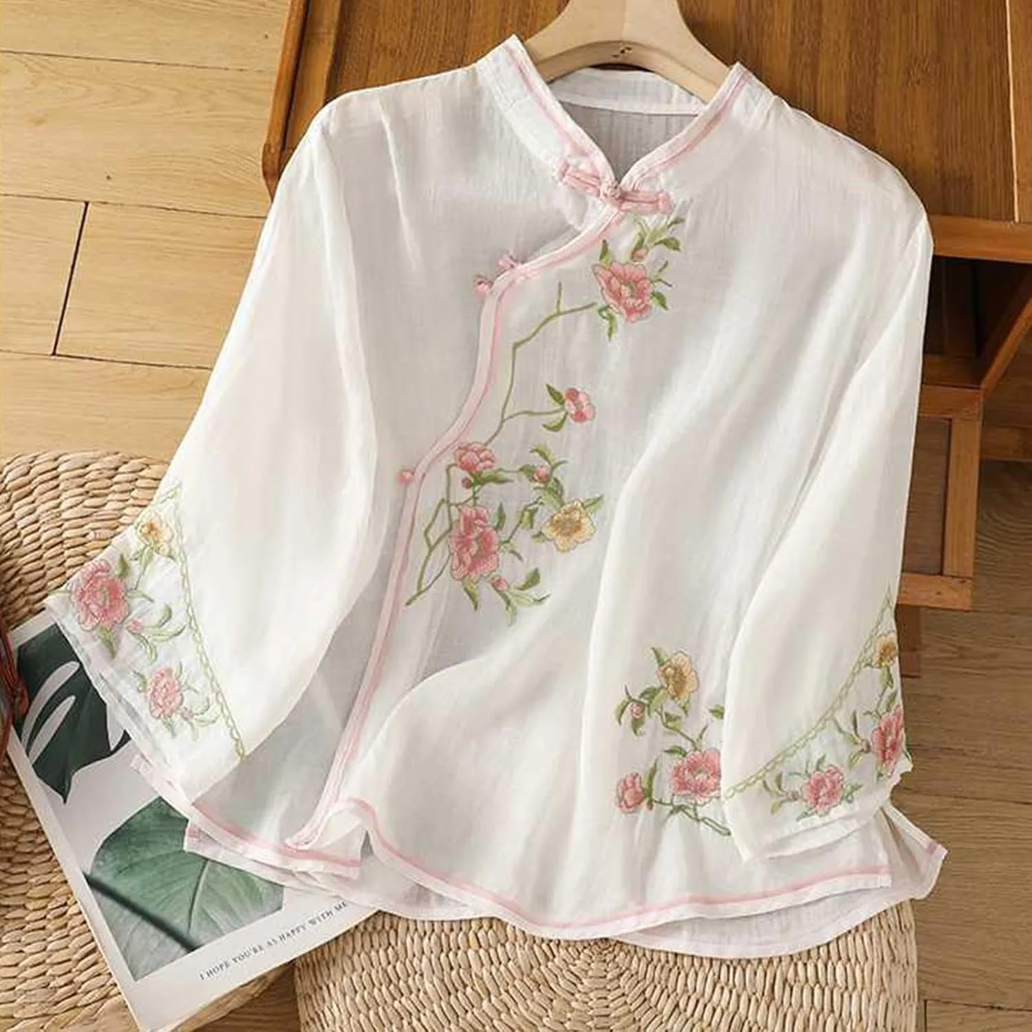 Women Cotton Linen Shirt Summer Floral Embroidered Blouse Retro Chinese Frog Button Traditional Mandarin Collar Tops