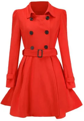 Women Fashion Lapel Double-Breasted Wool Trench Coat Winter Warm Long Sleeve Jacket A-Line Ruffle Hem Outwear with Belt