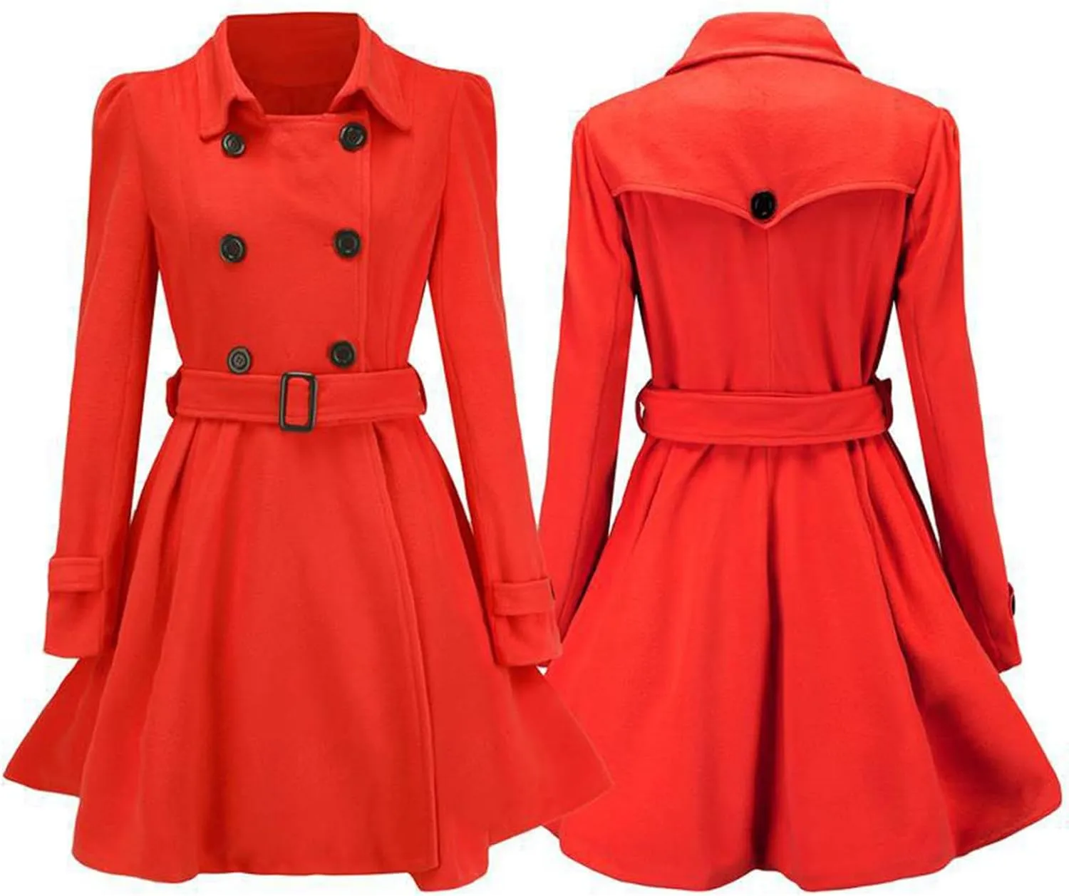 Women Fashion Lapel Double-Breasted Wool Trench Coat Winter Warm Long Sleeve Jacket A-Line Ruffle Hem Outwear with Belt