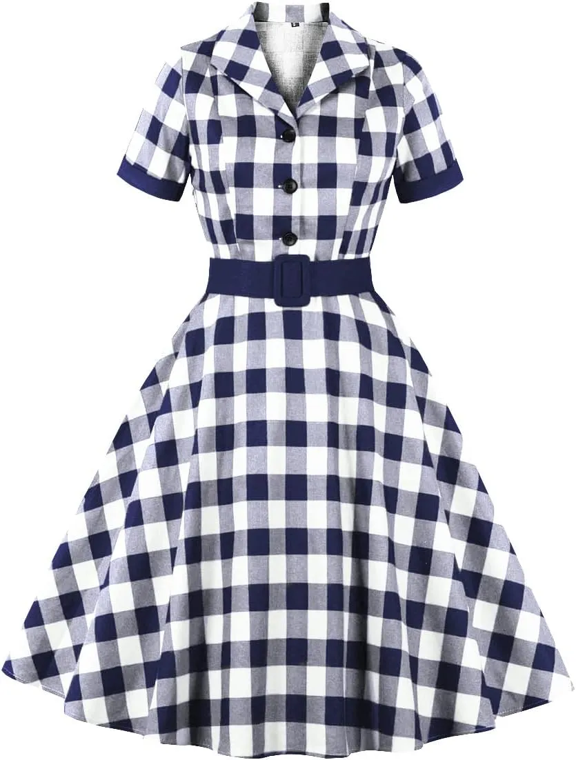 Women Notch Lapel Vintage V-Neck Cocktail Swing Dress 50s 60s Button up 1950s Rockabilly Prom Midi Evening Dress with Pockets