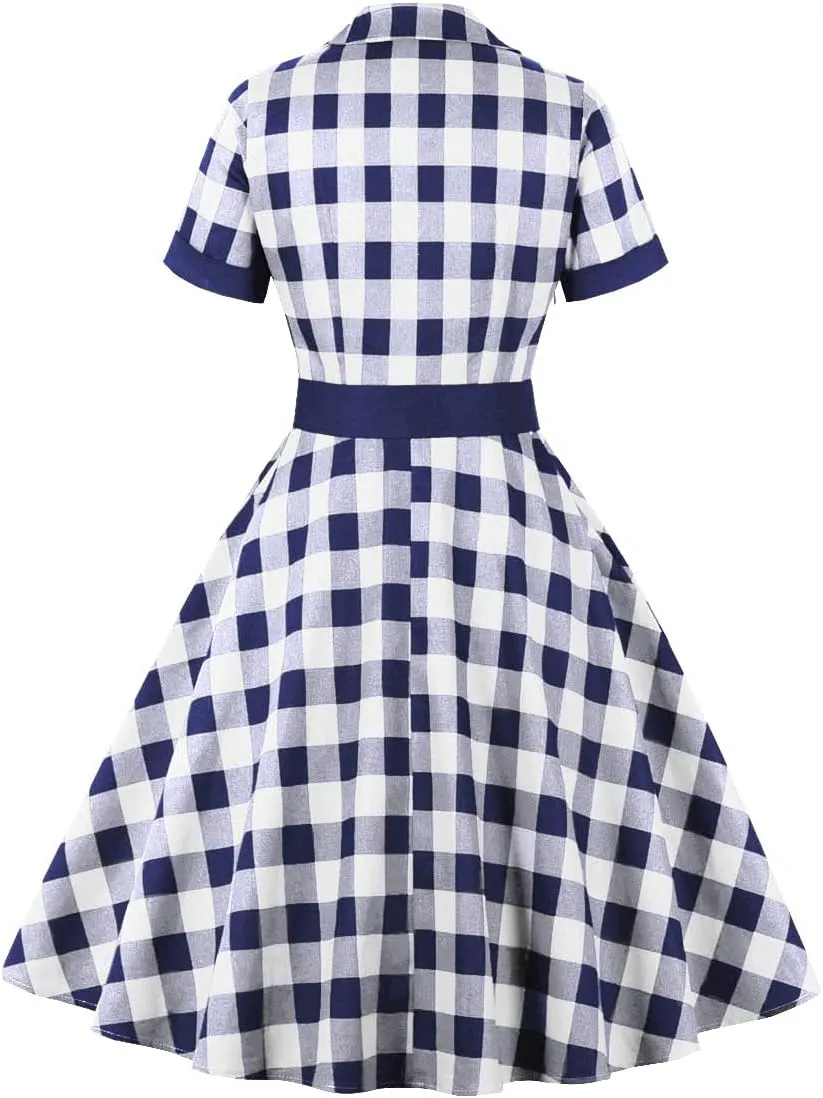 Women Notch Lapel Vintage V-Neck Cocktail Swing Dress 50s 60s Button up 1950s Rockabilly Prom Midi Evening Dress with Pockets