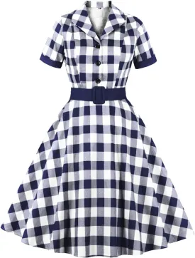 Women Notch Lapel Vintage V-Neck Cocktail Swing Dress 50s 60s Button up 1950s Rockabilly Prom Midi Evening Dress with Pockets