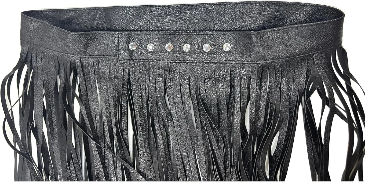 Women PU Leather Long Fringe Skirt Waist Belt Girdle Adjustable Buckle Rave Rocker Dance Performance Costumes