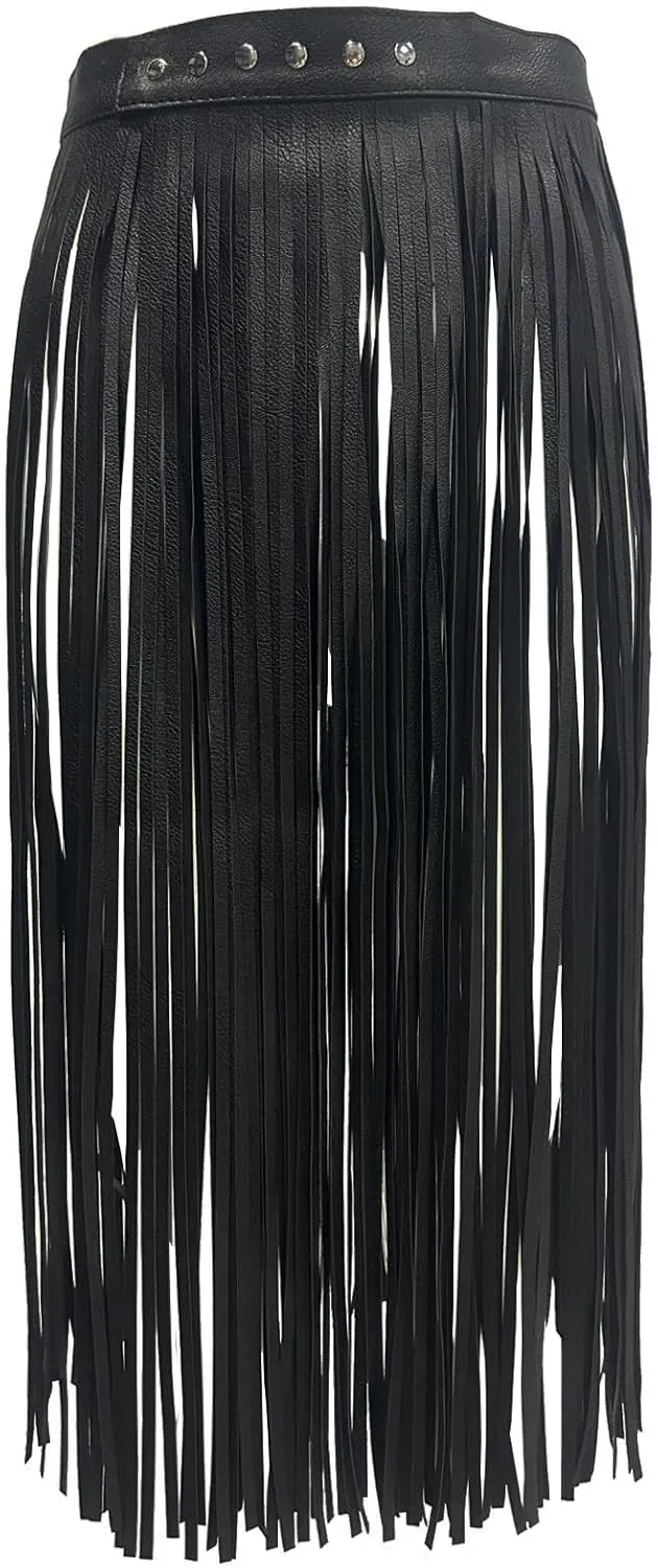 Women PU Leather Long Fringe Skirt Waist Belt Girdle Adjustable Buckle Rave Rocker Dance Performance Costumes
