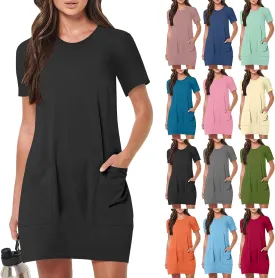 Women Tshirt Dress with Pockets Summer Casual Short Sleeve Sundresses Crew Neck Modest Dresses A Line Mini Dress