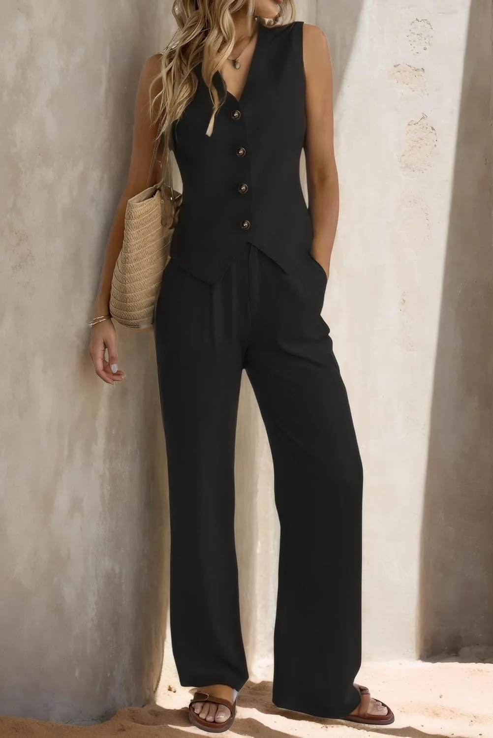 Women's 2 Piece Outfits Linen Vest Waistcoat Dressy Casual Sets Wide Leg Pants Suits