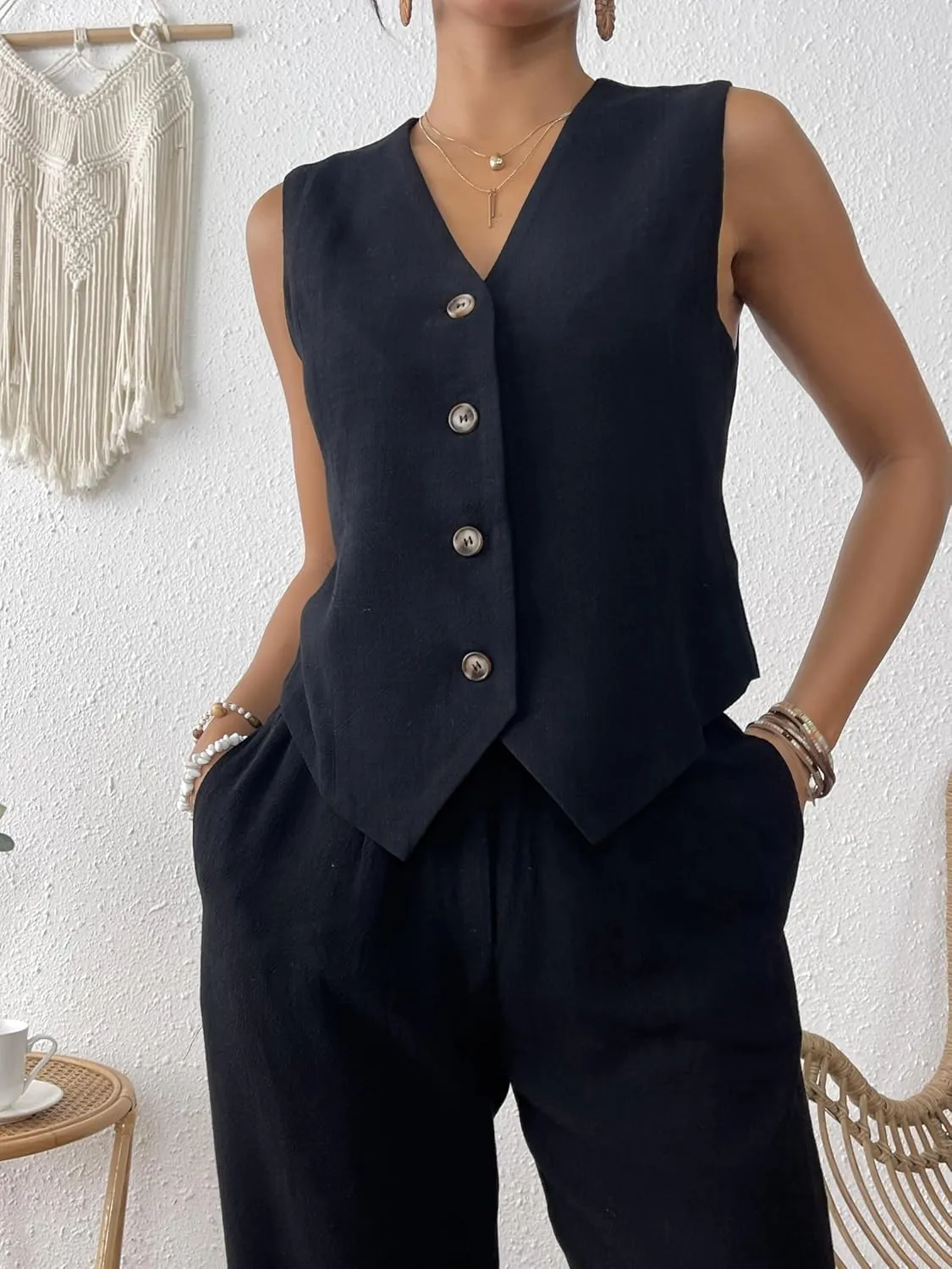 Women's 2 Piece Outfits Linen Vest Waistcoat Dressy Casual Sets Wide Leg Pants Suits