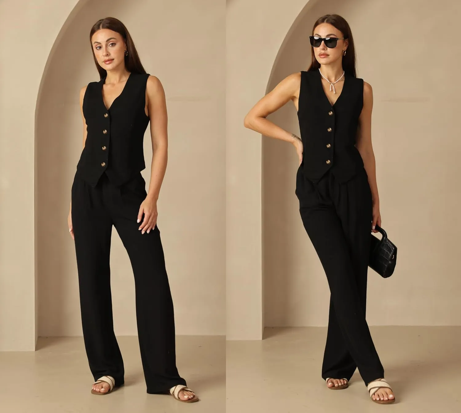 Women's 2 Piece Outfits Linen Vest Waistcoat Dressy Casual Sets Wide Leg Pants Suits