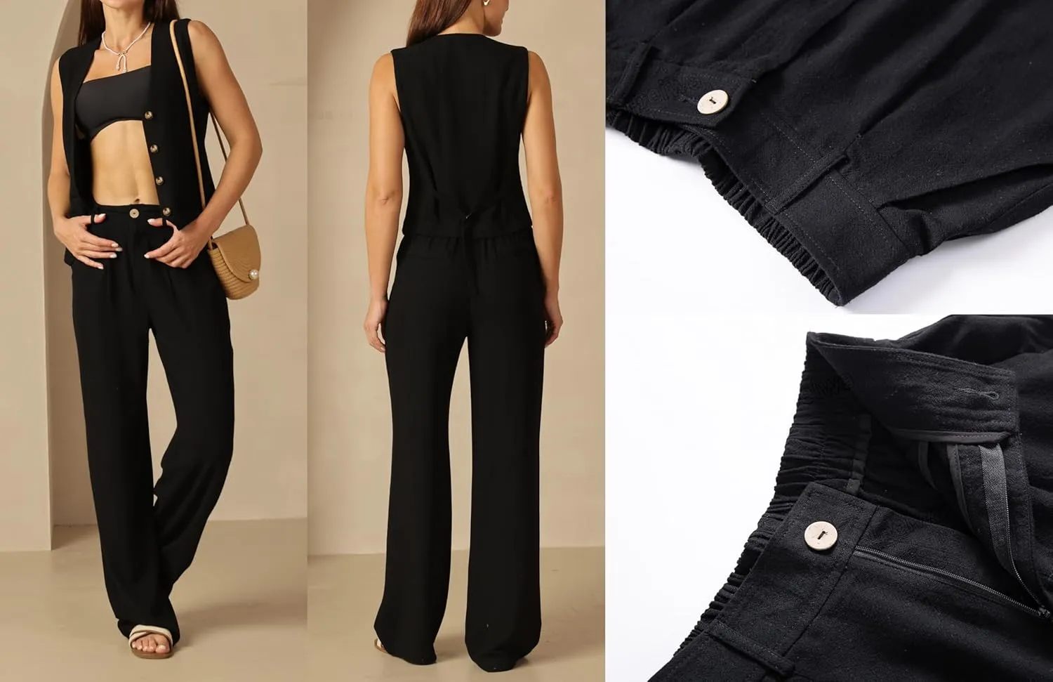 Women's 2 Piece Outfits Linen Vest Waistcoat Dressy Casual Sets Wide Leg Pants Suits