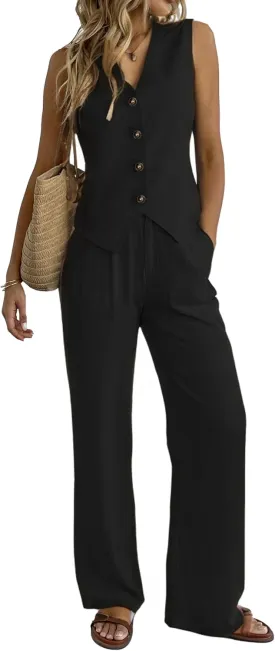 Women's 2 Piece Outfits Linen Vest Waistcoat Dressy Casual Sets Wide Leg Pants Suits