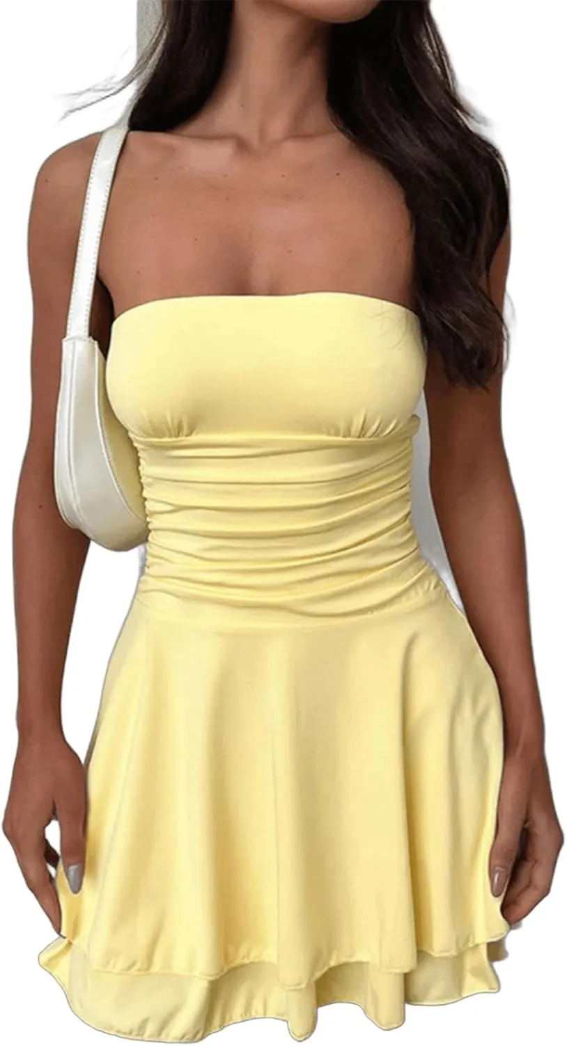 Women's 2024 Summer Strapless Tube Dress Sexy Off Shoulder Ruffle Tiered Flowy Y2K Mini Dresses